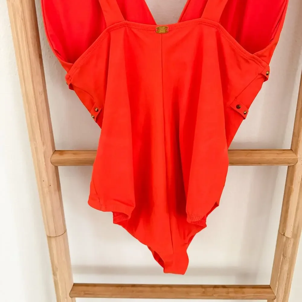 NWOT Amoressa by Miraclesuit Lupita One Piece Swimsuit Coral Red Studded 10